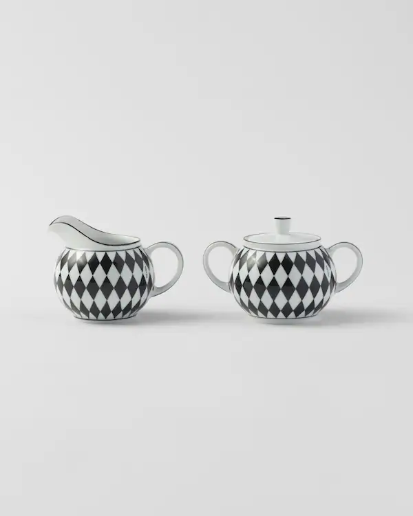 Porcelainmjölkspade och sockerkruka - Schackmönster